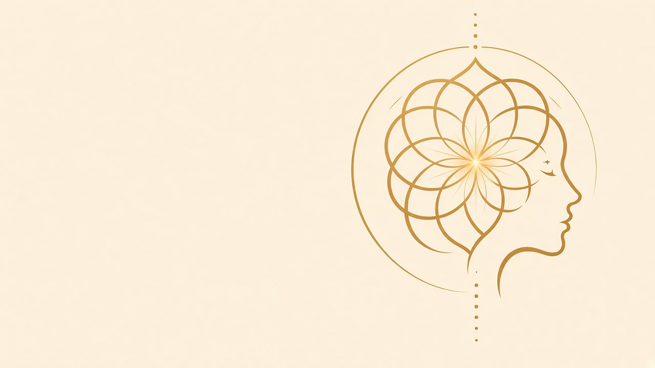 A gold line drawing of a closed-eyed profile, a quiet symbol of inner stillness