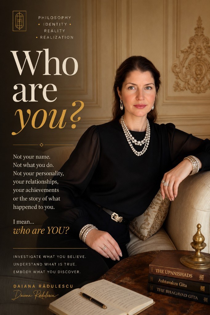 Daiana Rădulescu seated in an elegant room with the Upanishads, Bhagavad Gita, and Ashtavakra Gita; overlay text asks Who are you?