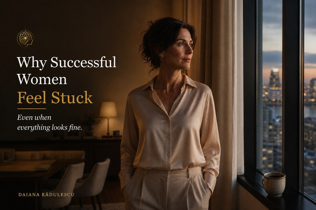 An elegant woman stands alone by a tall window at dusk, looking out over a city skyline, calm and distant