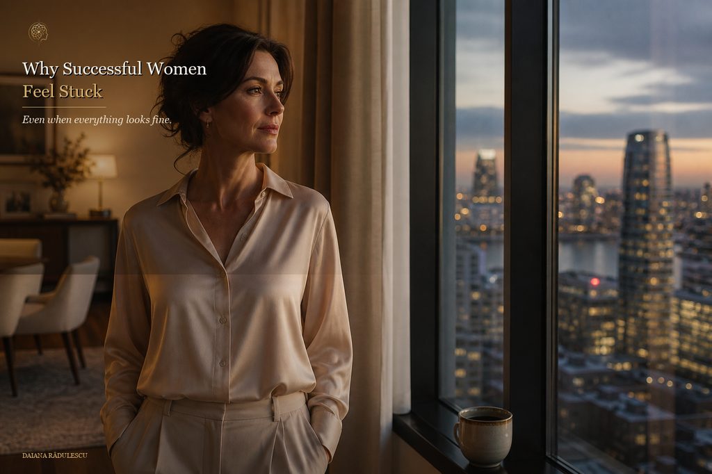 An elegant woman stands alone by a tall window at dusk, looking out over a city skyline, calm and distant