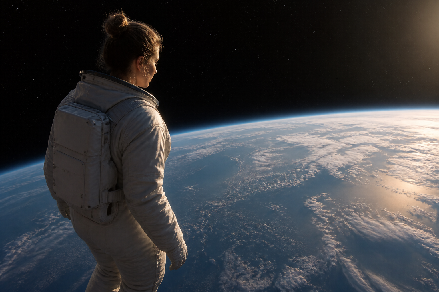 A woman in a spacesuit looking from space toward Earth — seeing life from a different altitude