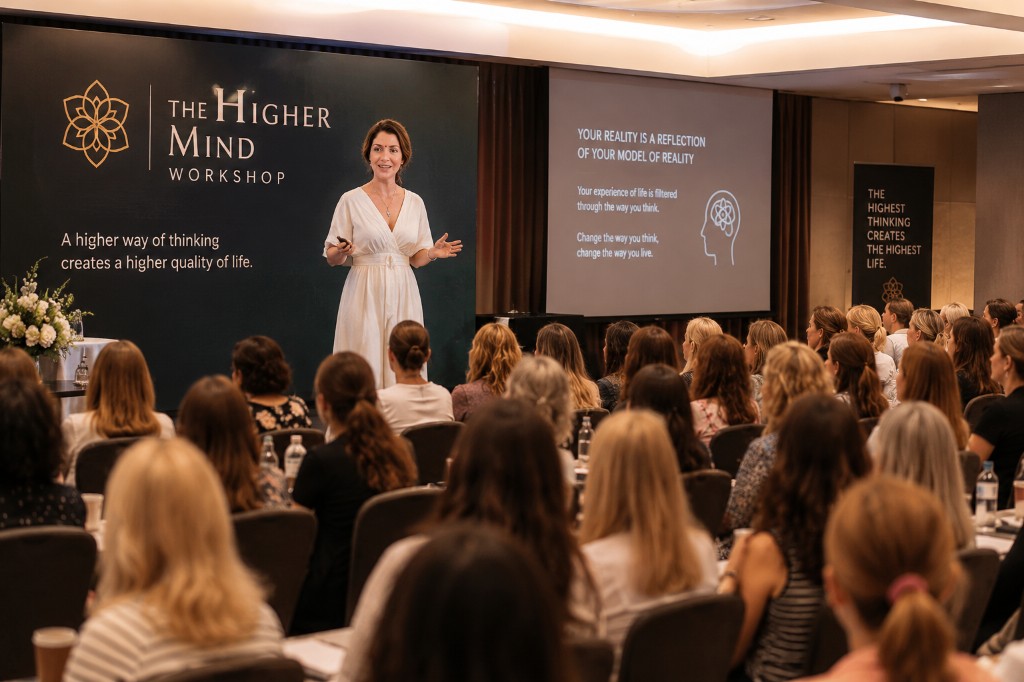 Daiana speaking on stage at The Higher Mind Workshop™ — audience seated before branded screens and banners