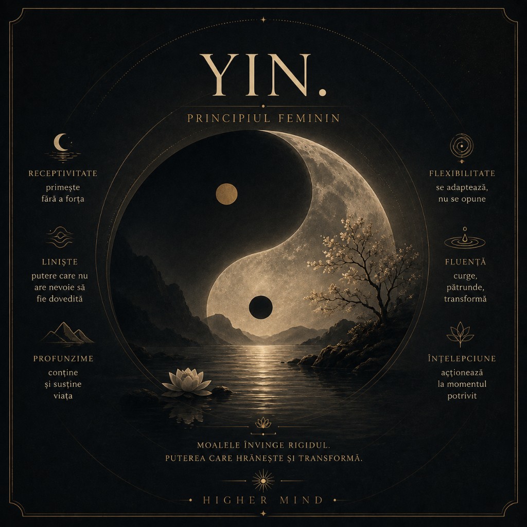 Yin — principiul feminin: receptivitate, liniște, profunzime, flexibilitate, fluență, înțelepciune