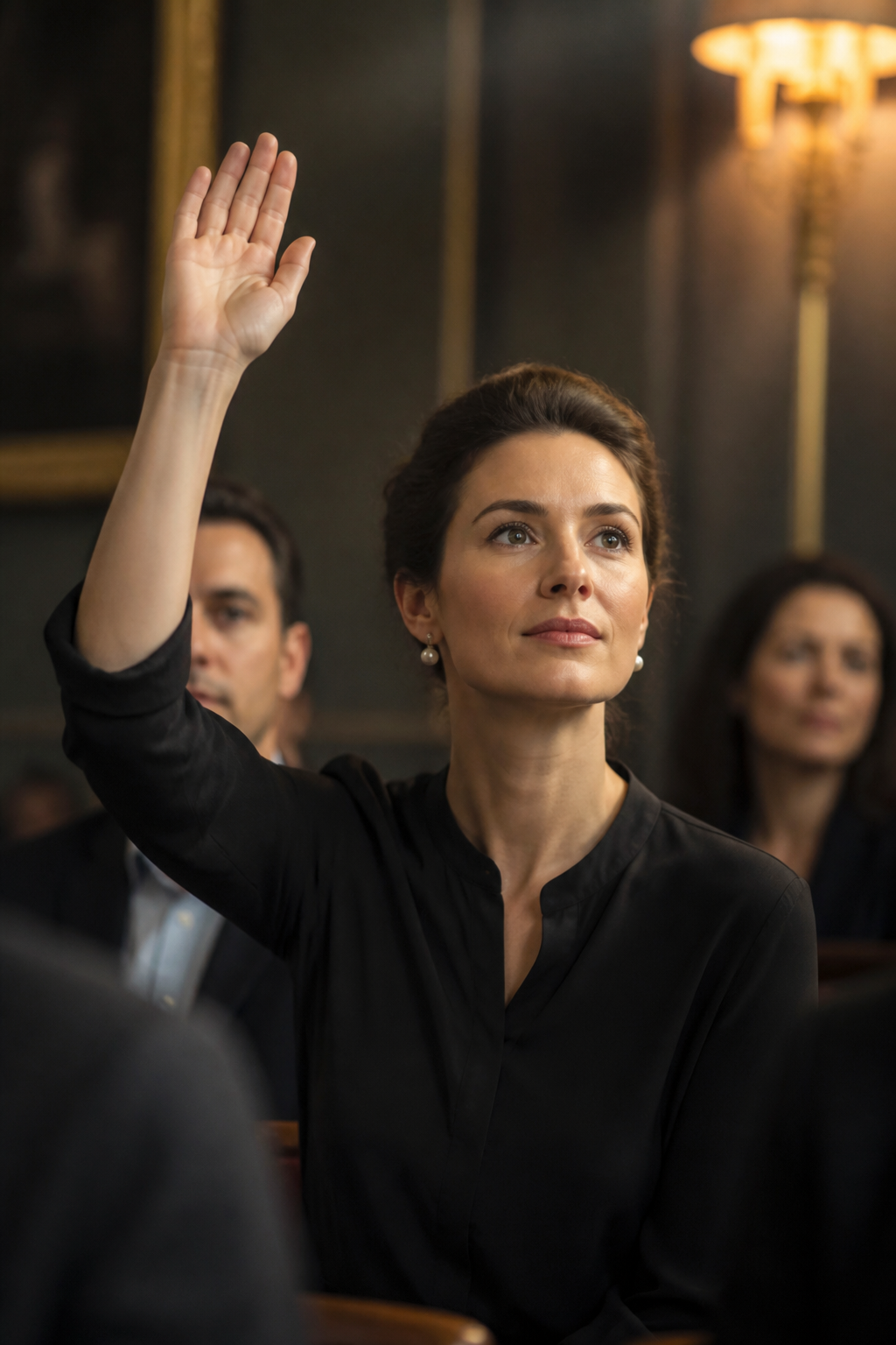A woman raises her hand to ask a question